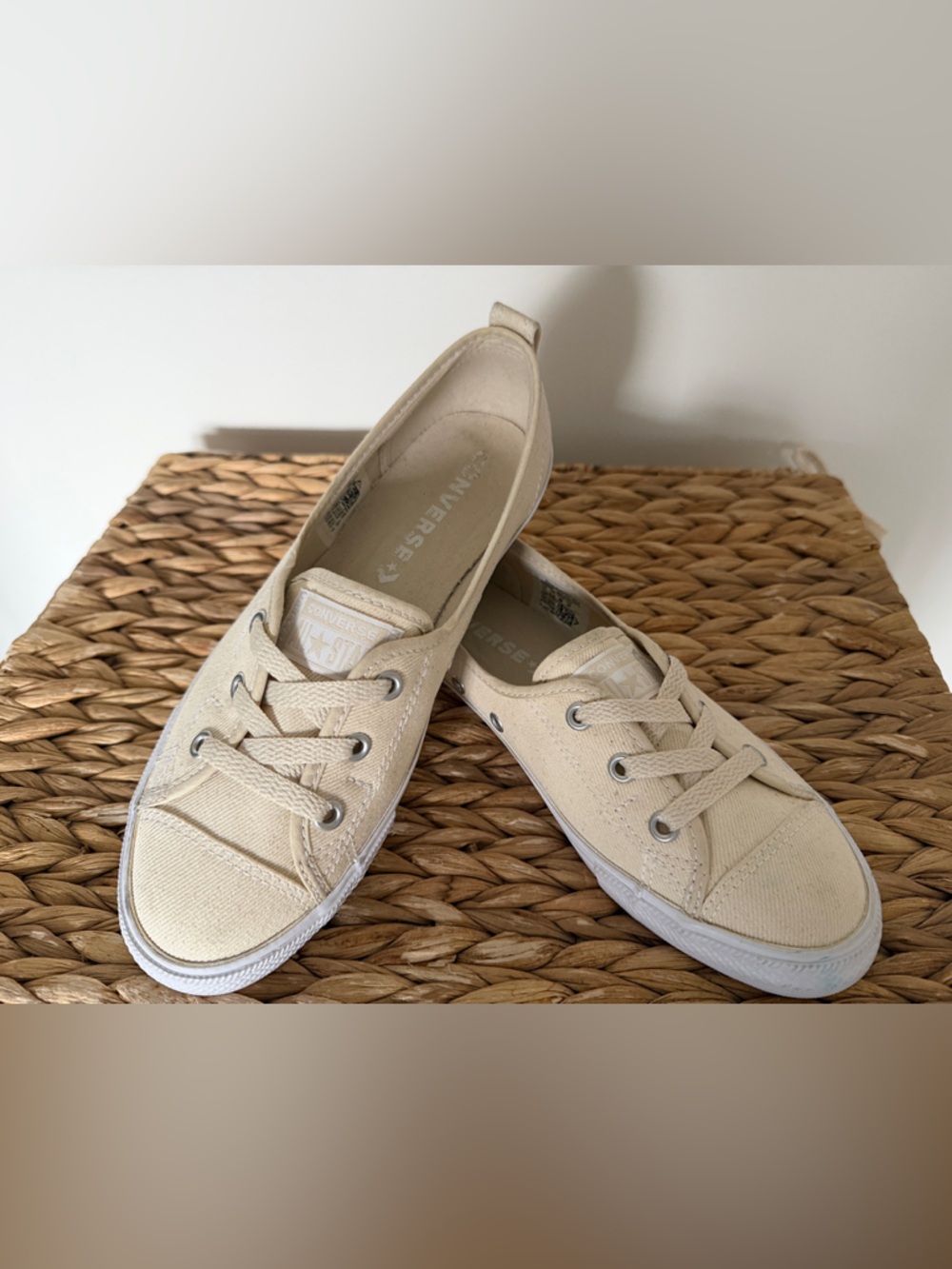 Converse Low Top Canvas Sneakers in Beige and White